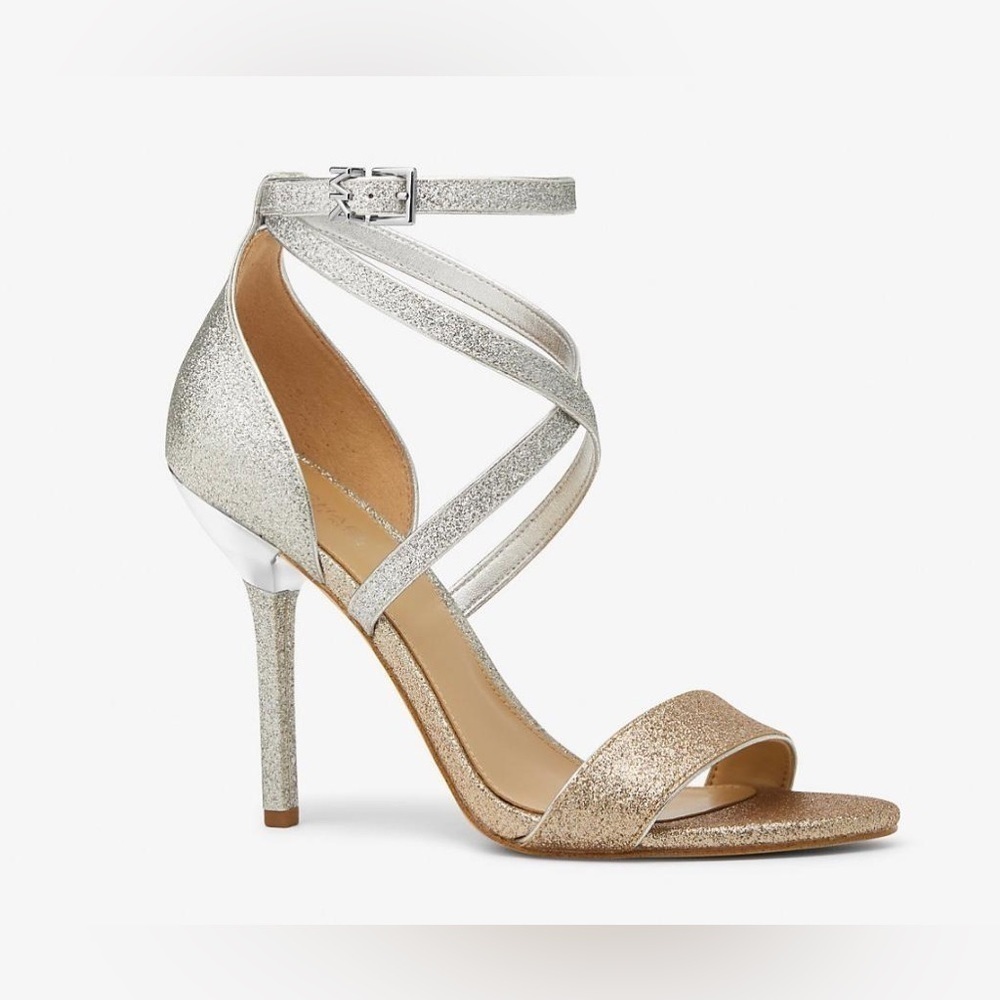 Michael Kors Astrid Strappy High Heel Sandal in Silver and Gold Glitter - NWT